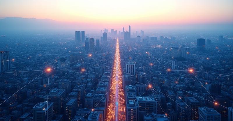 Aerial view of Milan with digital network overlay