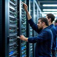 Engineering team installing network hardware